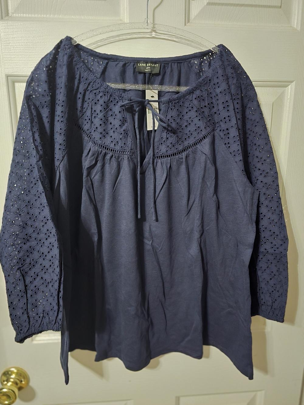 Lane Bryant Navy Eyelet Peasant Top with Tie Neck